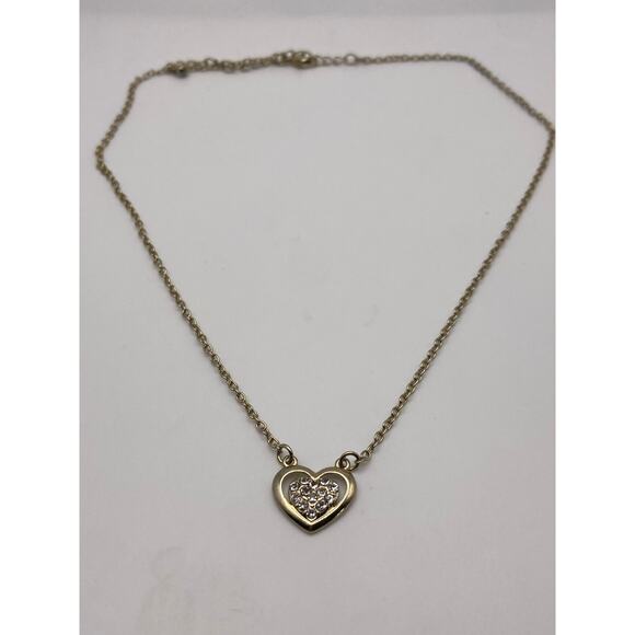 Gold Tone 2 Heart 1 Open 1 Rhinestone Classy Dainty Pendant Necklace - Picture 7 of 9